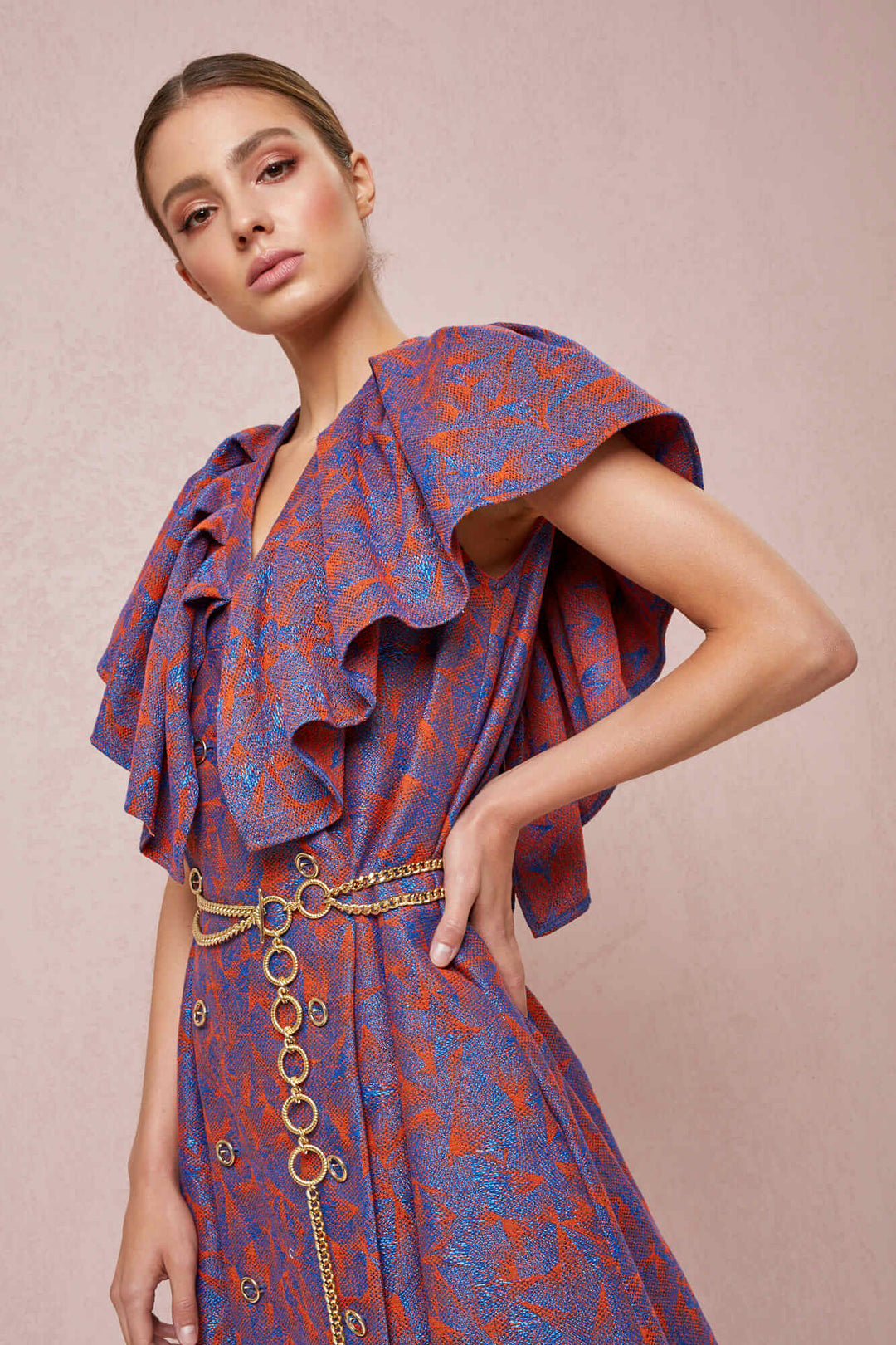 DOUBLE-BREASTED V-NECK DRESS