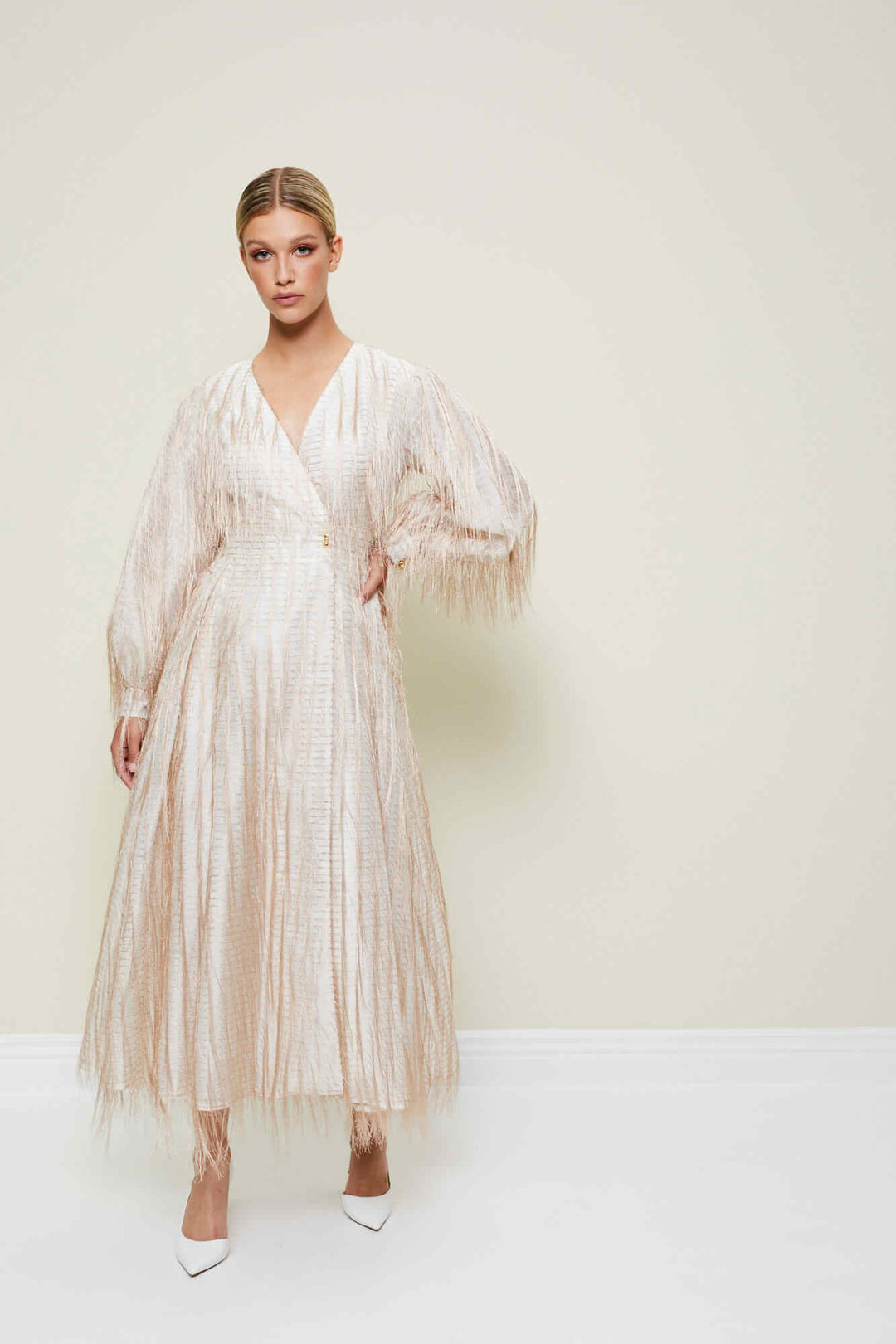 WRAP DRESS WITH FEATHER-TEXTURED FABRIC