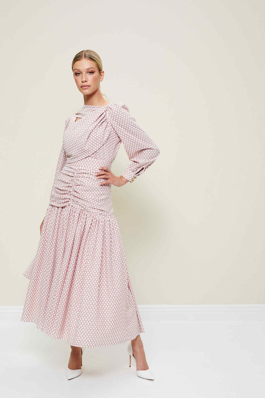 RUCHED MIDI DRESS WITH A SASH