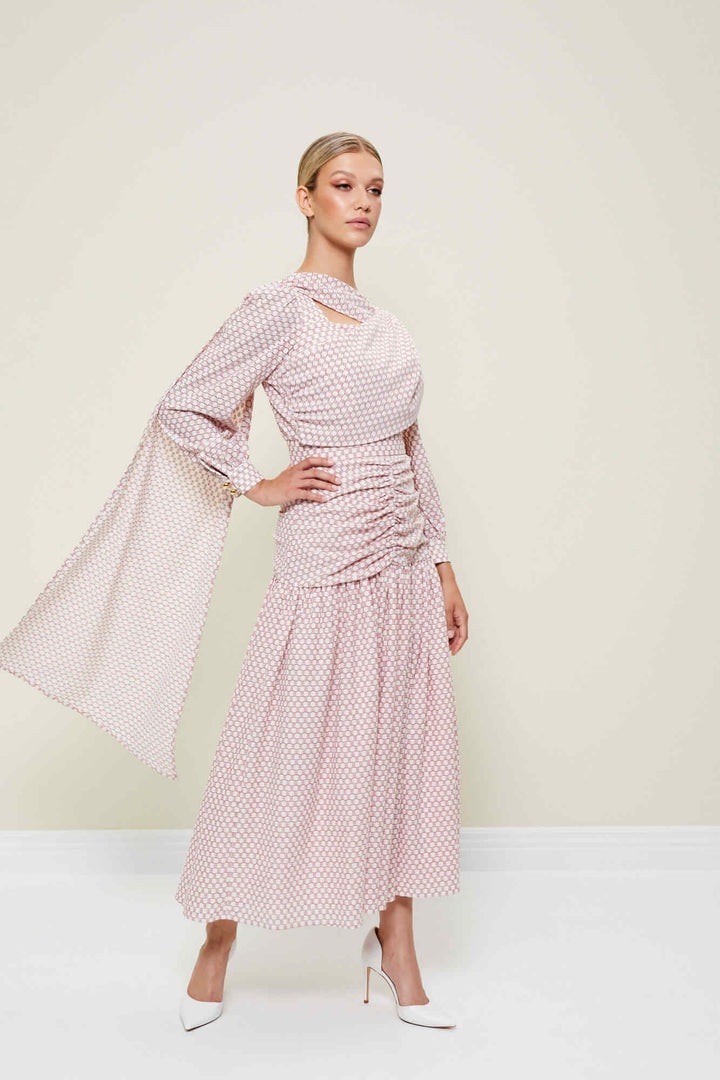 RUCHED MIDI DRESS WITH A SASH
