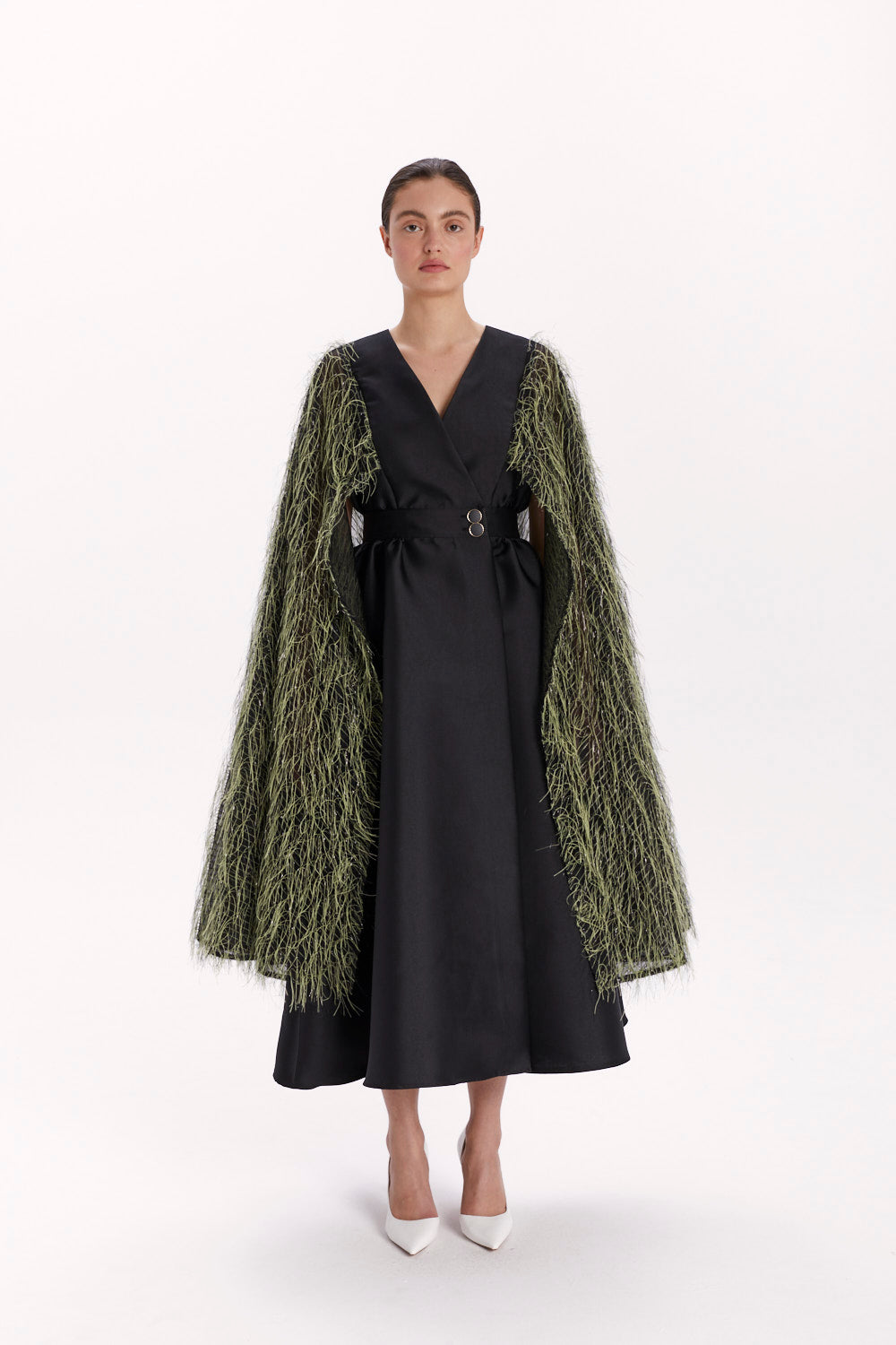 ENVELOPE DRESS WITH A FEATHER CAPE