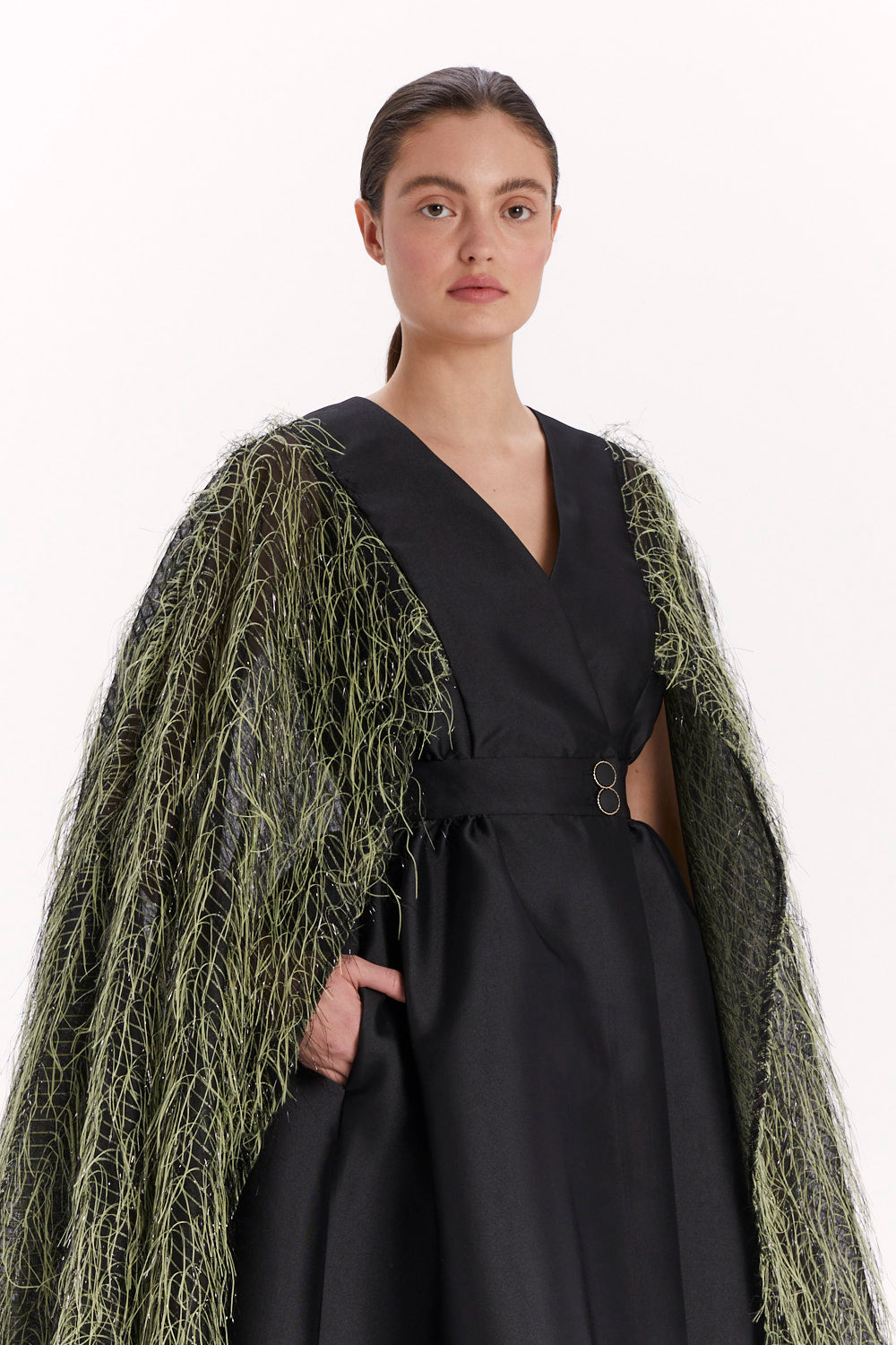 ENVELOPE DRESS WITH A FEATHER CAPE