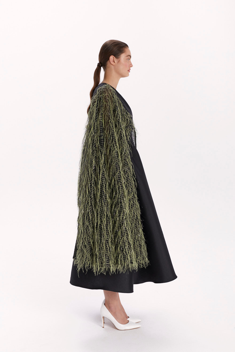 ENVELOPE DRESS WITH A FEATHER CAPE