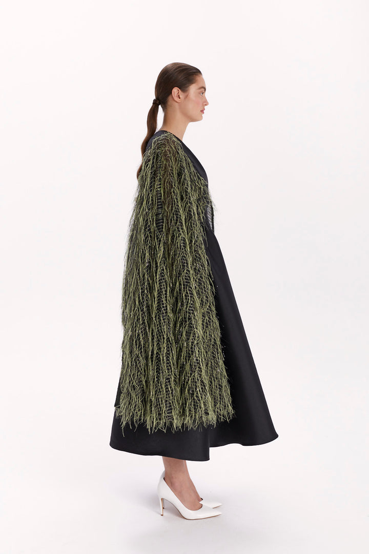 ENVELOPE DRESS WITH A FEATHER CAPE