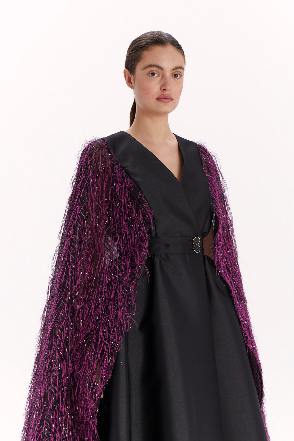 ENVELOPE DRESS WITH A FEATHER CAPE