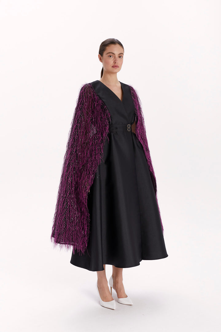 ENVELOPE DRESS WITH A FEATHER CAPE