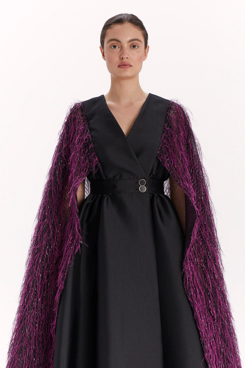 ENVELOPE DRESS WITH A FEATHER CAPE