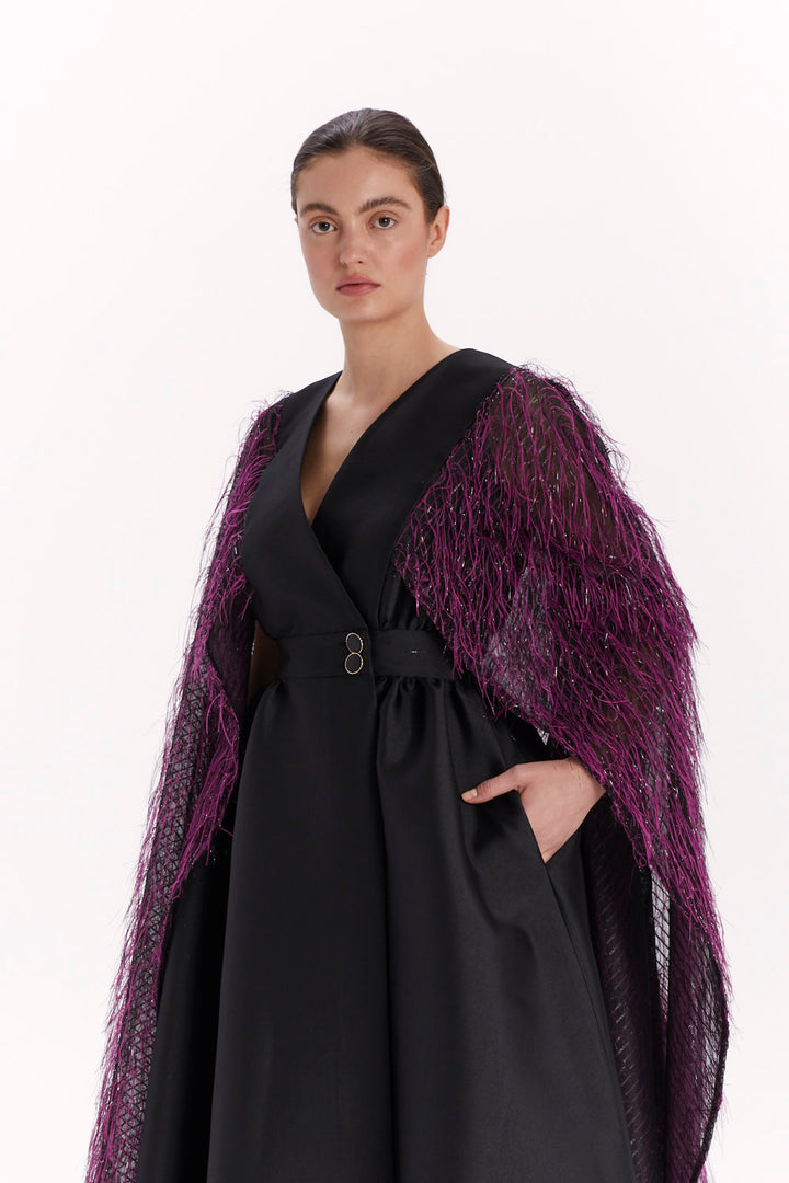 ENVELOPE DRESS WITH A FEATHER CAPE