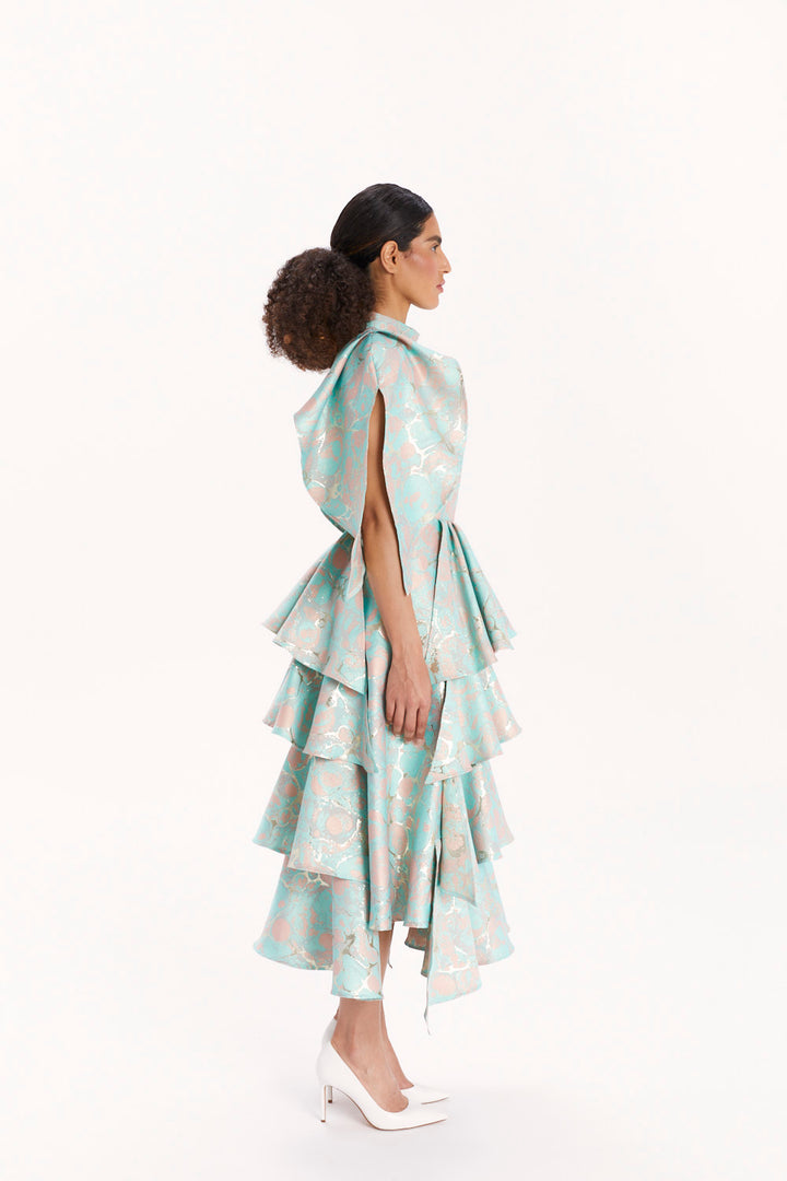 MIDI DRESS WITH CASCADING RUFFLES
