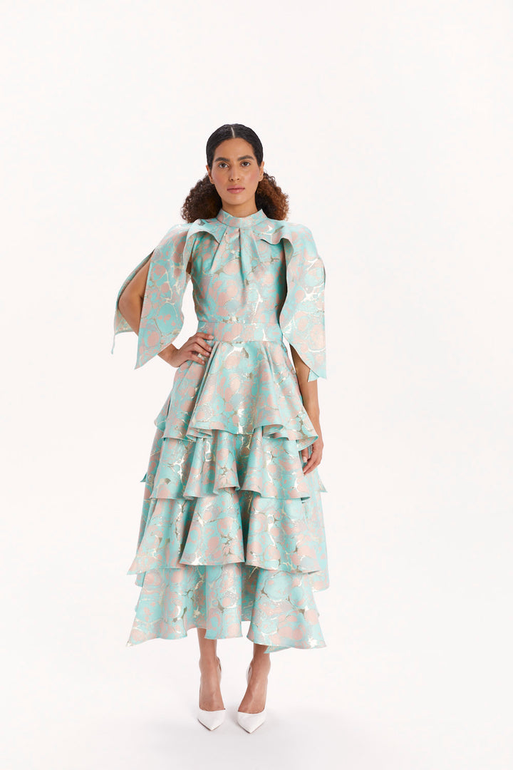 MIDI DRESS WITH CASCADING RUFFLES