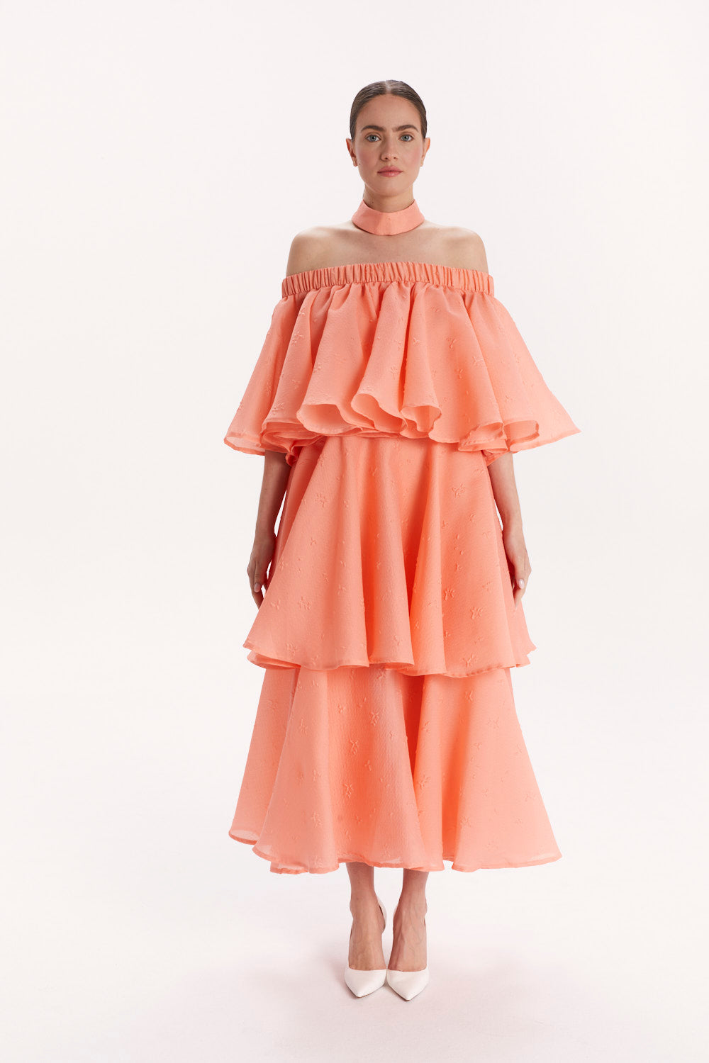 DRESS WITH OFF-SHOULDER NECKLINE, CHOKER AND RUFFLES