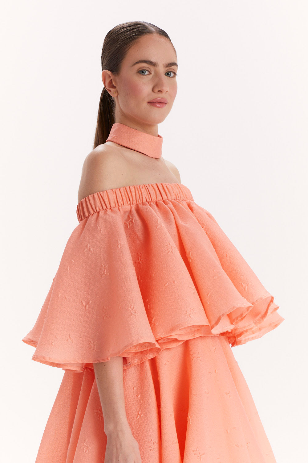 DRESS WITH OFF-SHOULDER NECKLINE, CHOKER AND RUFFLES