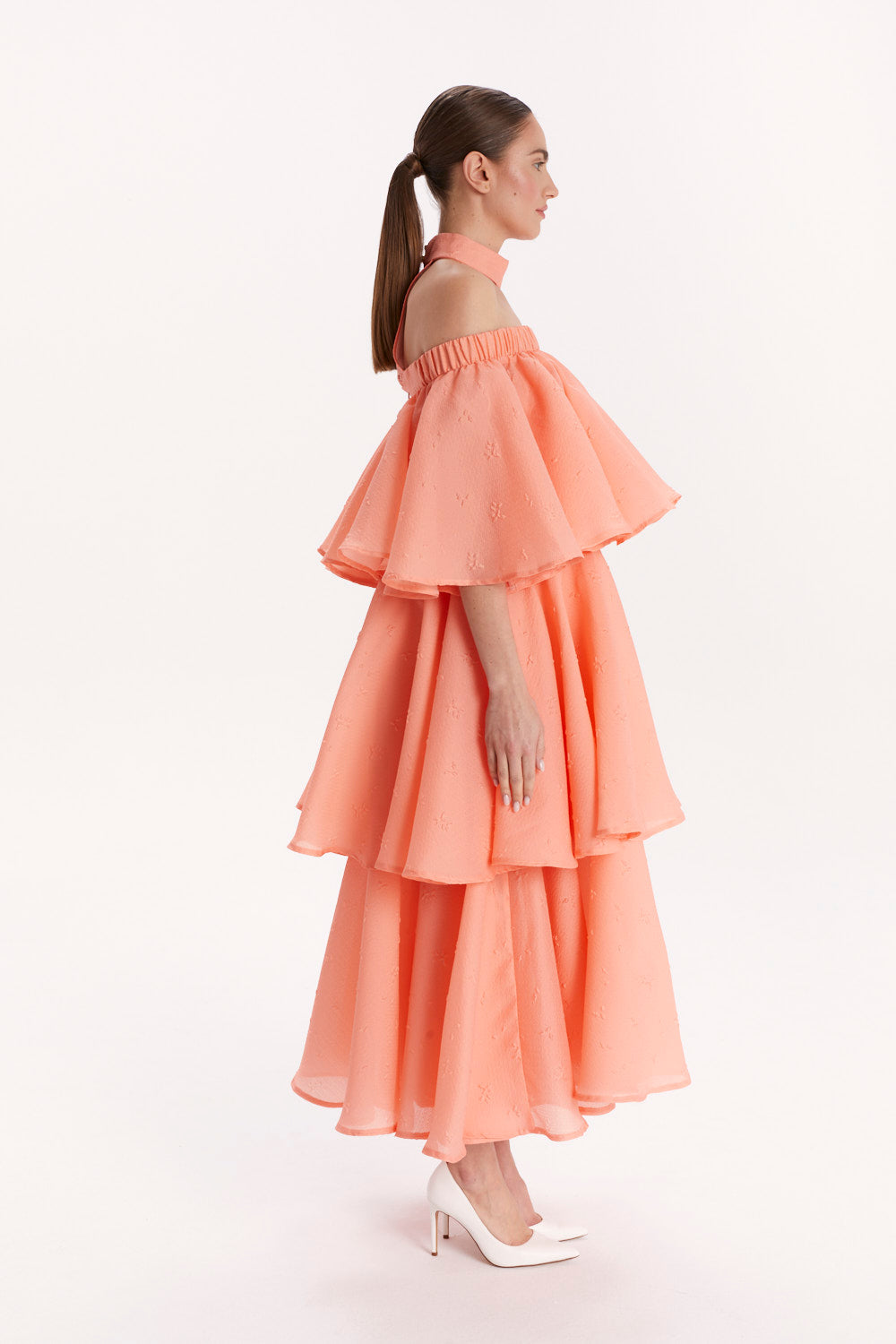 DRESS WITH OFF-SHOULDER NECKLINE, CHOKER AND RUFFLES