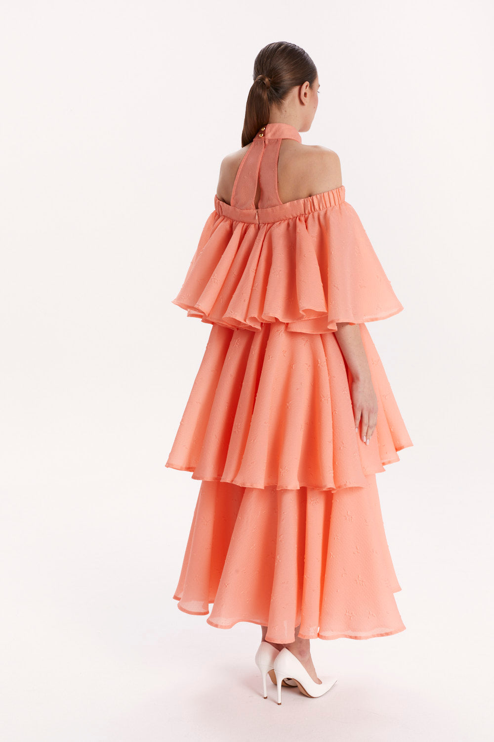 DRESS WITH OFF-SHOULDER NECKLINE, CHOKER AND RUFFLES