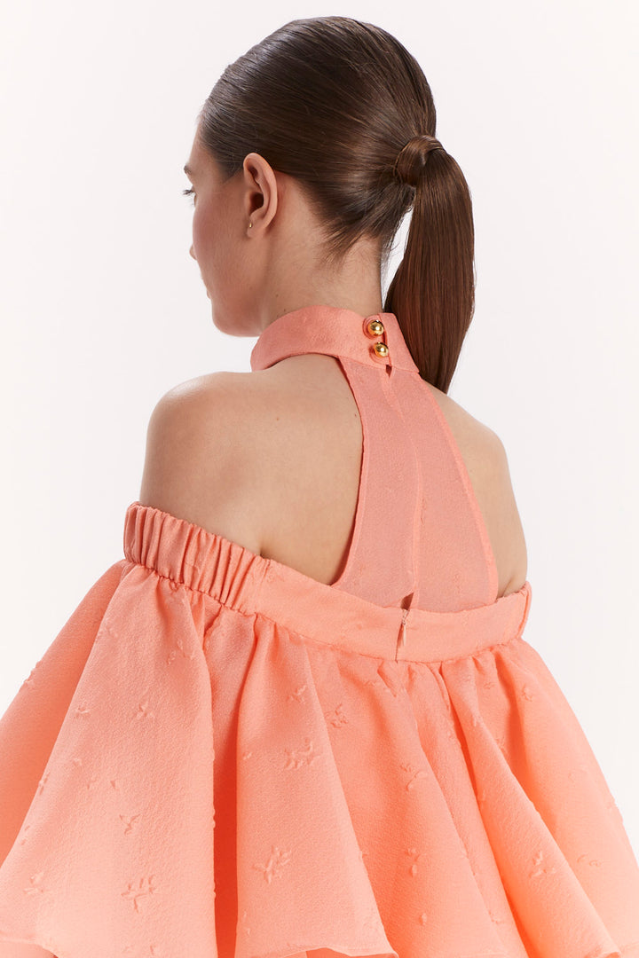 DRESS WITH OFF-SHOULDER NECKLINE, CHOKER AND RUFFLES