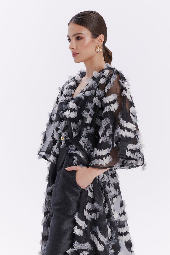 LONG SEMI-TRANSPARENT FIORE CAPE WITH FEATHERS