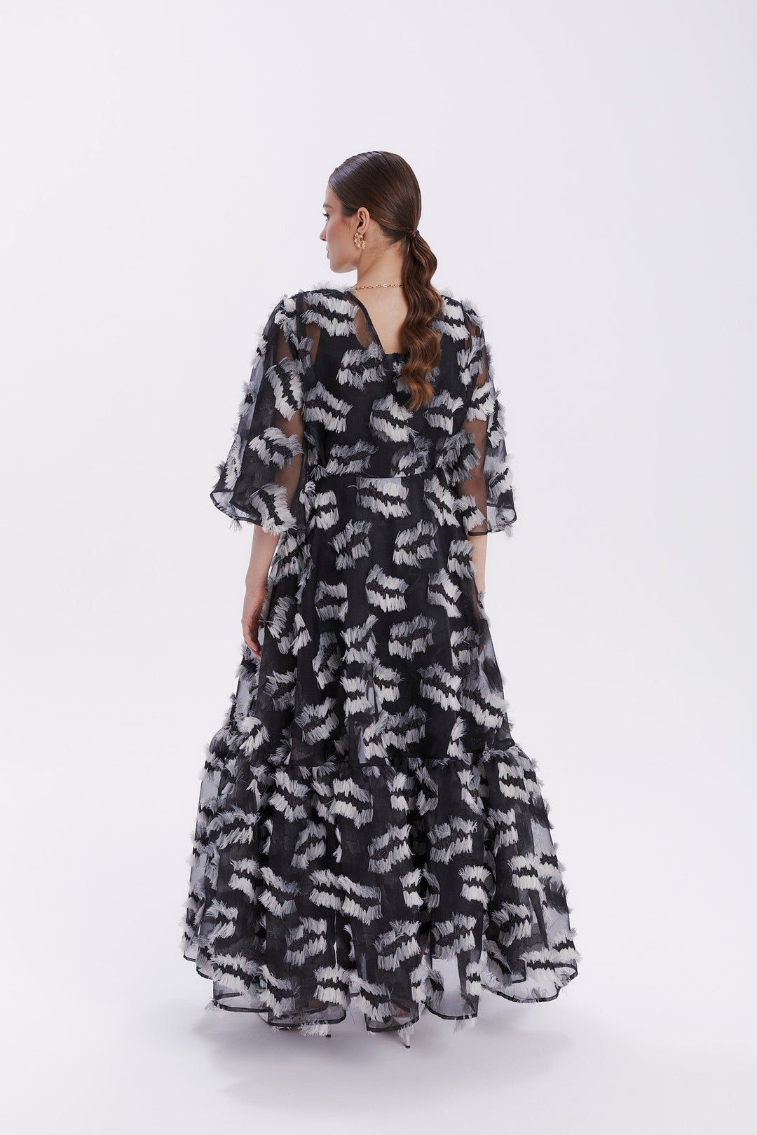LONG SEMI-TRANSPARENT FIORE CAPE WITH FEATHERS