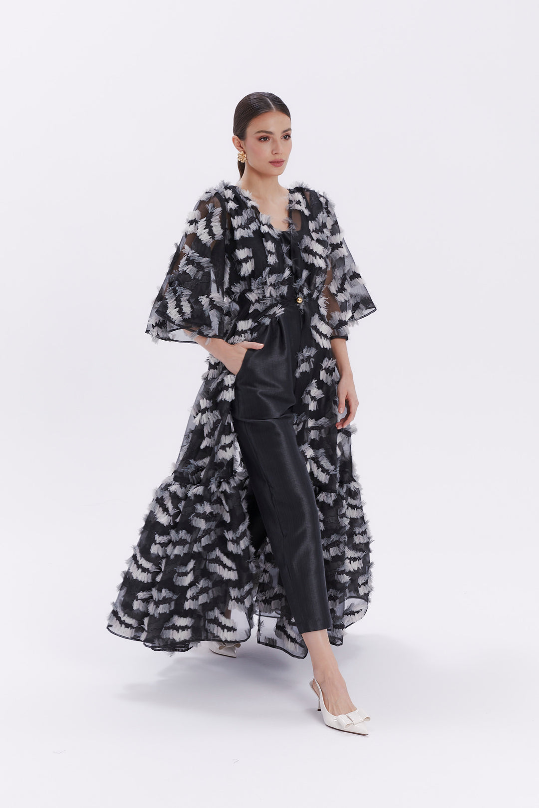 LONG SEMI-TRANSPARENT FIORE CAPE WITH FEATHERS