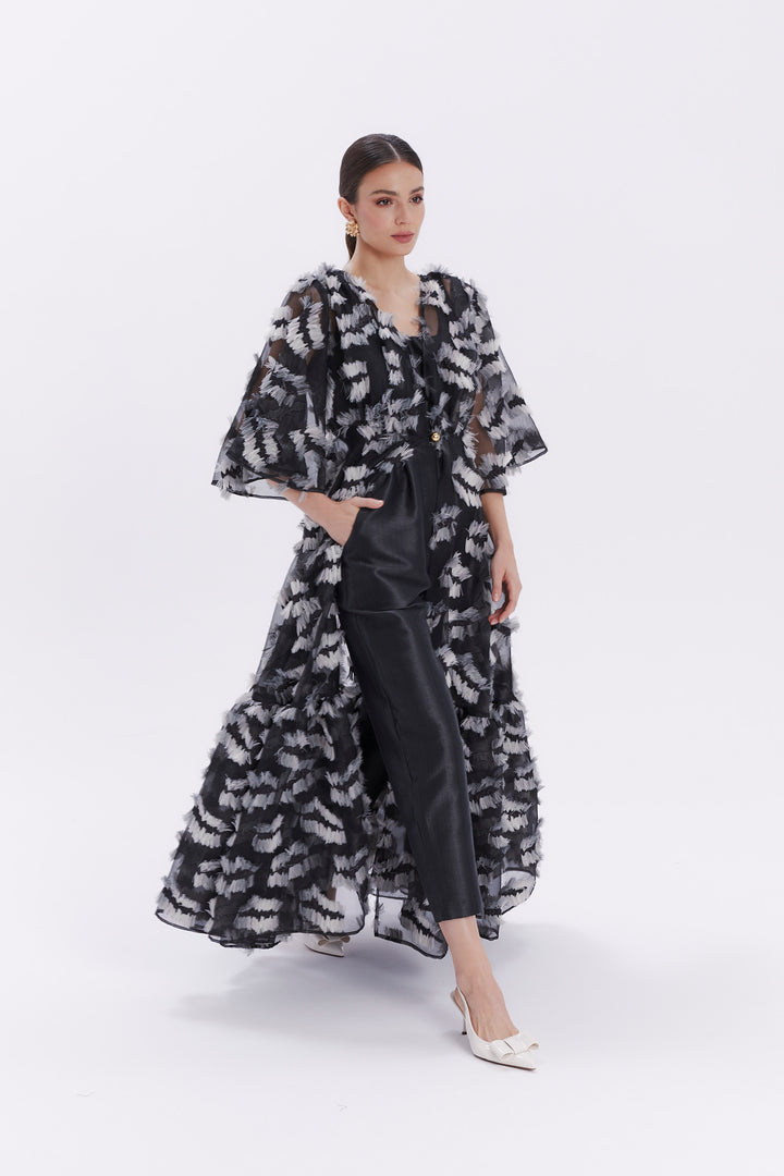 LONG SEMI-TRANSPARENT FIORE CAPE WITH FEATHERS