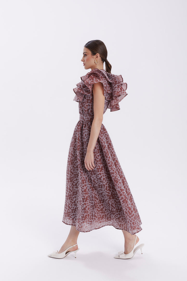 ONE-SLEEVE DRESS WITH A CASCADING RUFFLE ON THE SHOULDER