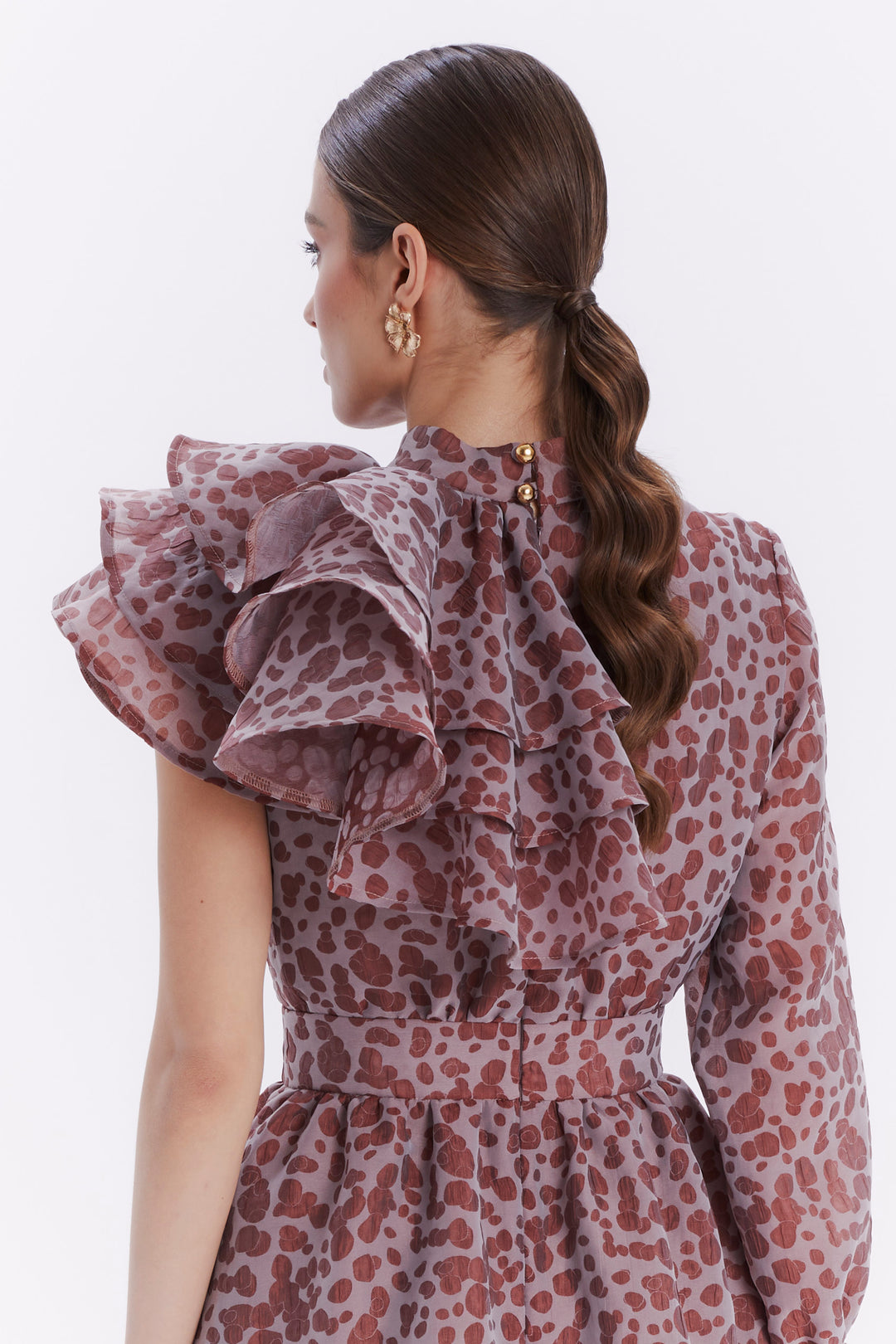 ONE-SLEEVE DRESS WITH A CASCADING RUFFLE ON THE SHOULDER