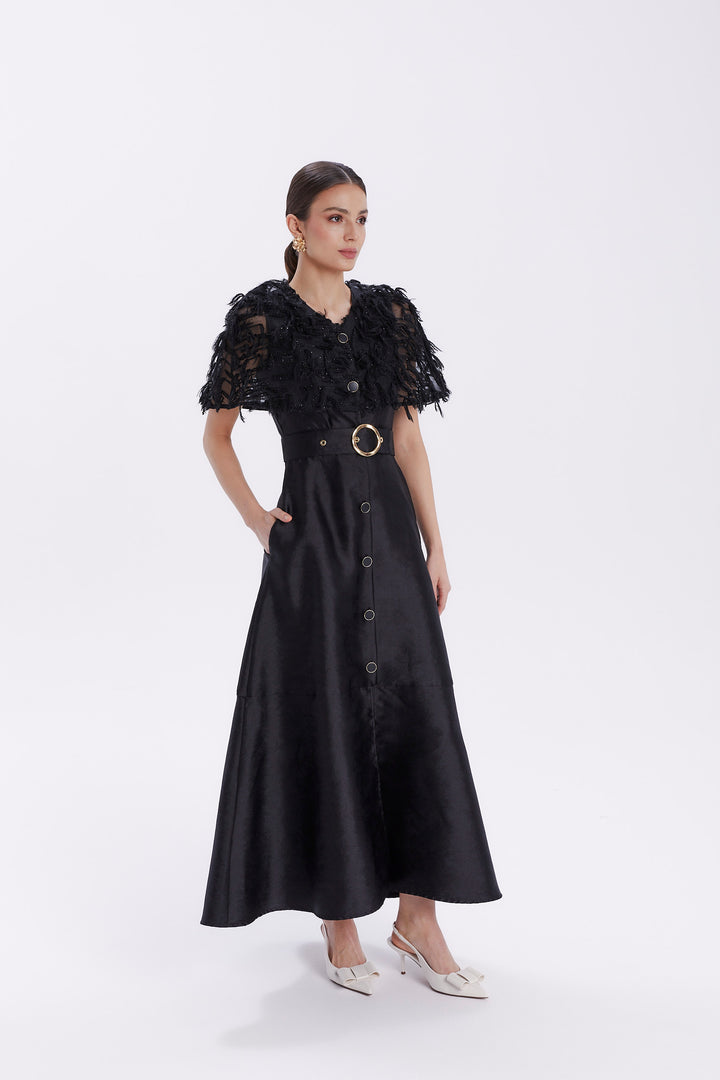 SORAYA EVENING CAPE DRESS WITH BELT