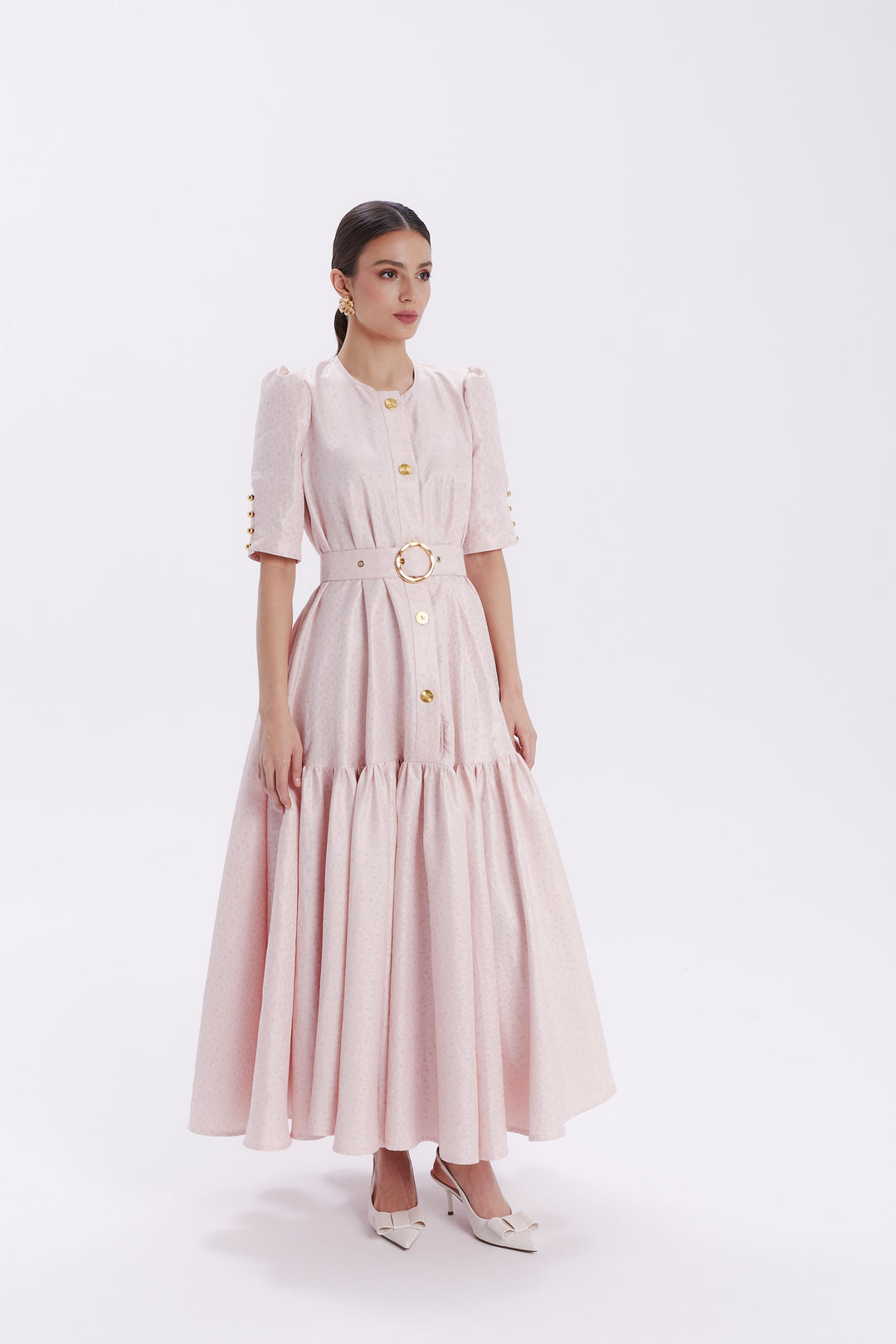 SENA JACQUARD DRESS WITH GOLD BUTTONS AND BELT