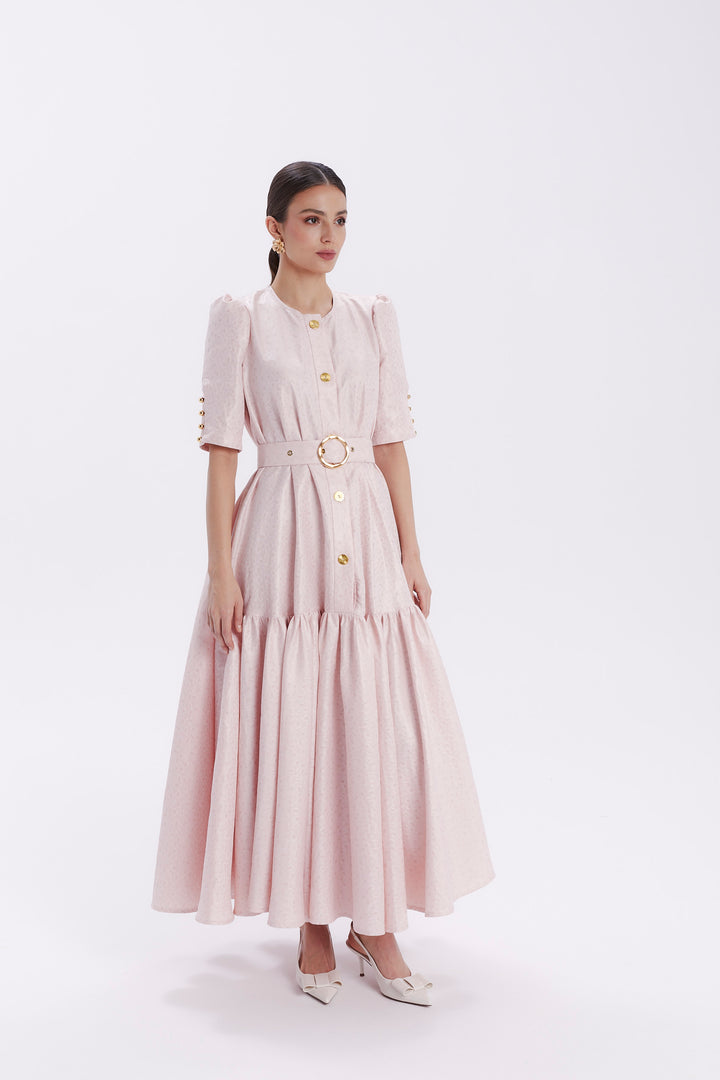 SENA JACQUARD DRESS WITH GOLD BUTTONS AND BELT