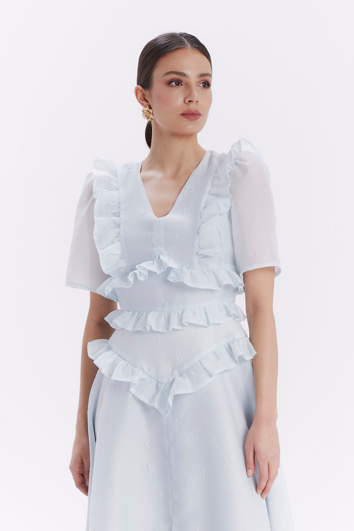 ALEXA MIDI DRESS WITH SLIT AND RUFFLES