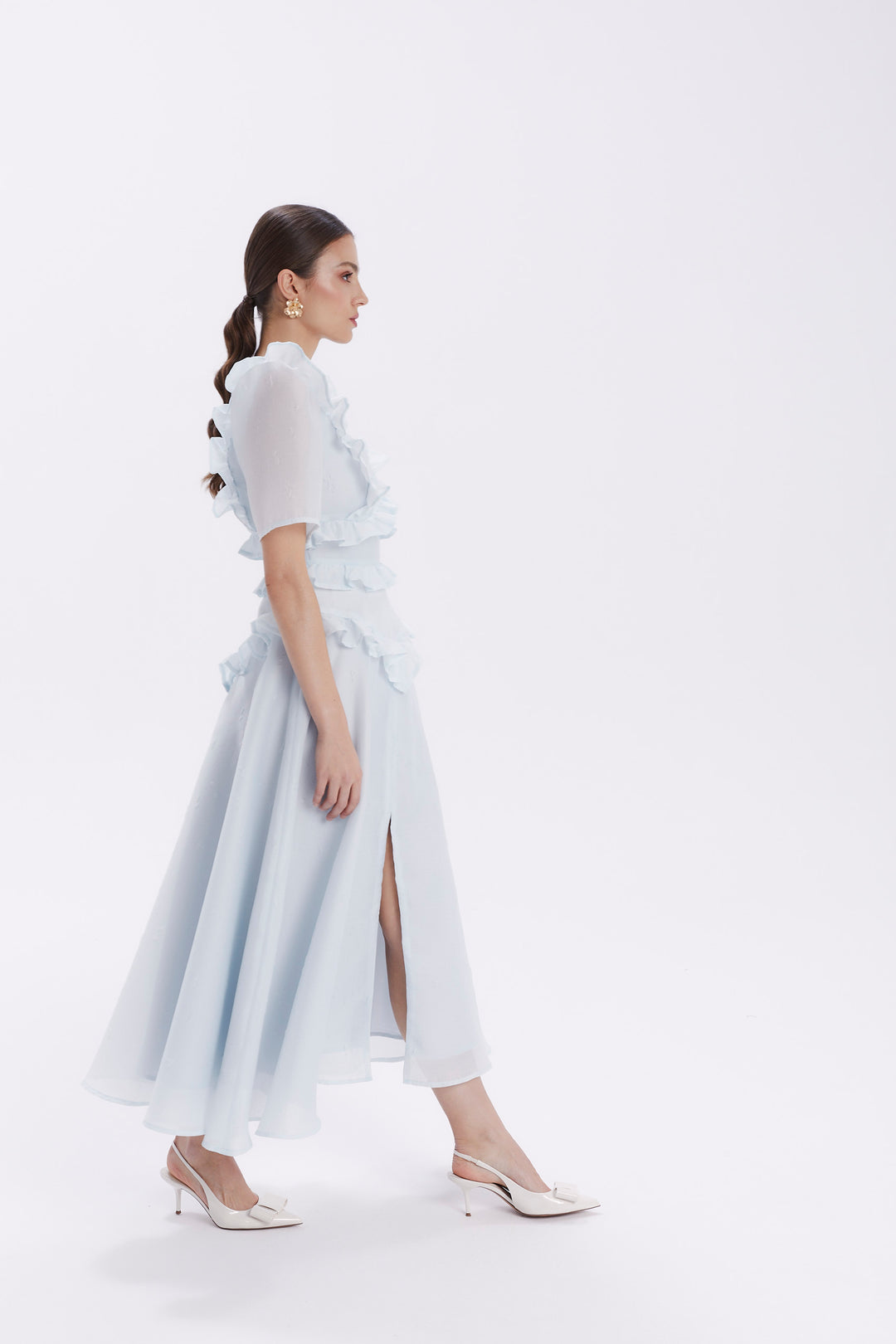 ALEXA MIDI DRESS WITH SLIT AND RUFFLES