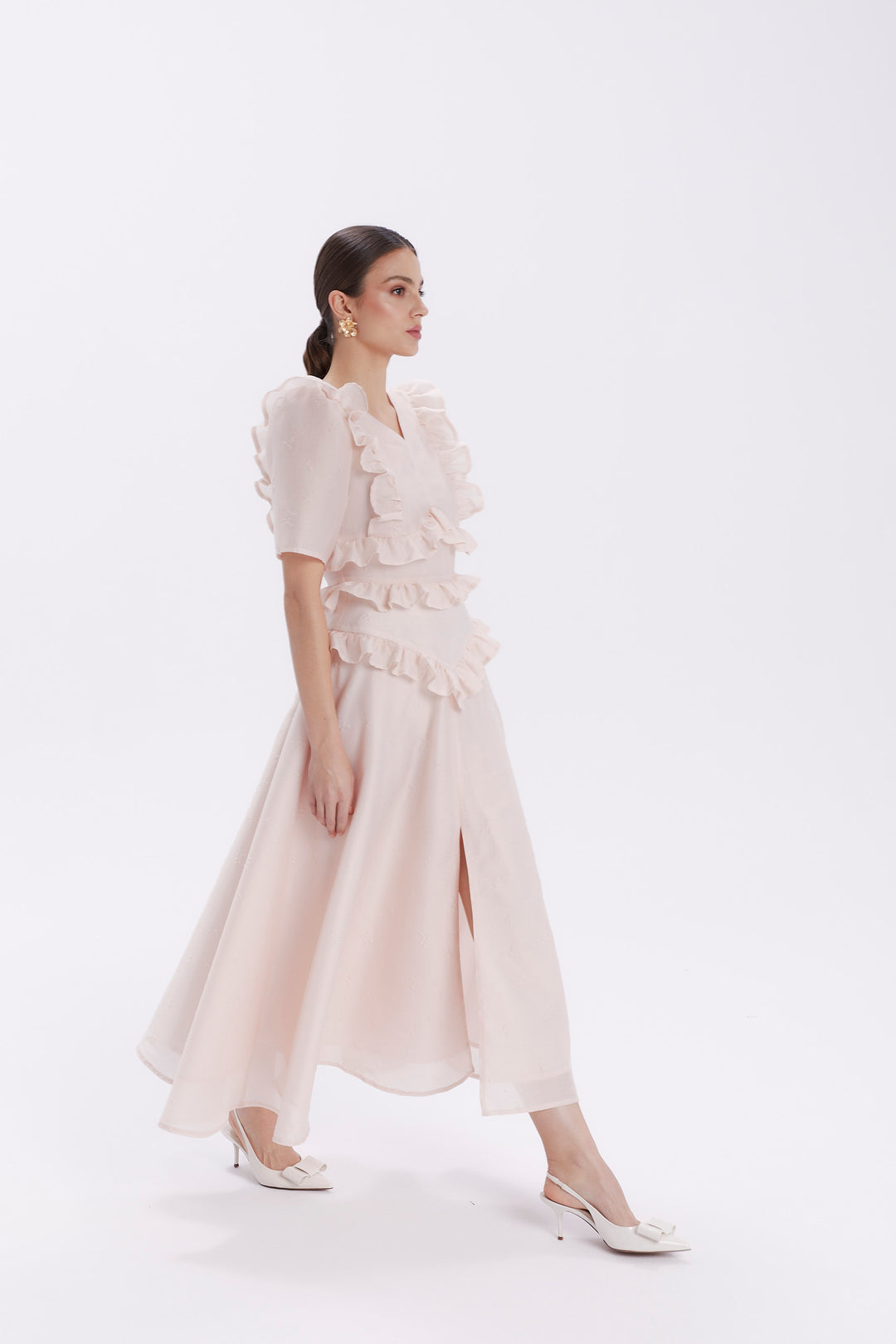 ALEXA MIDI DRESS WITH SLIT AND RUFFLES