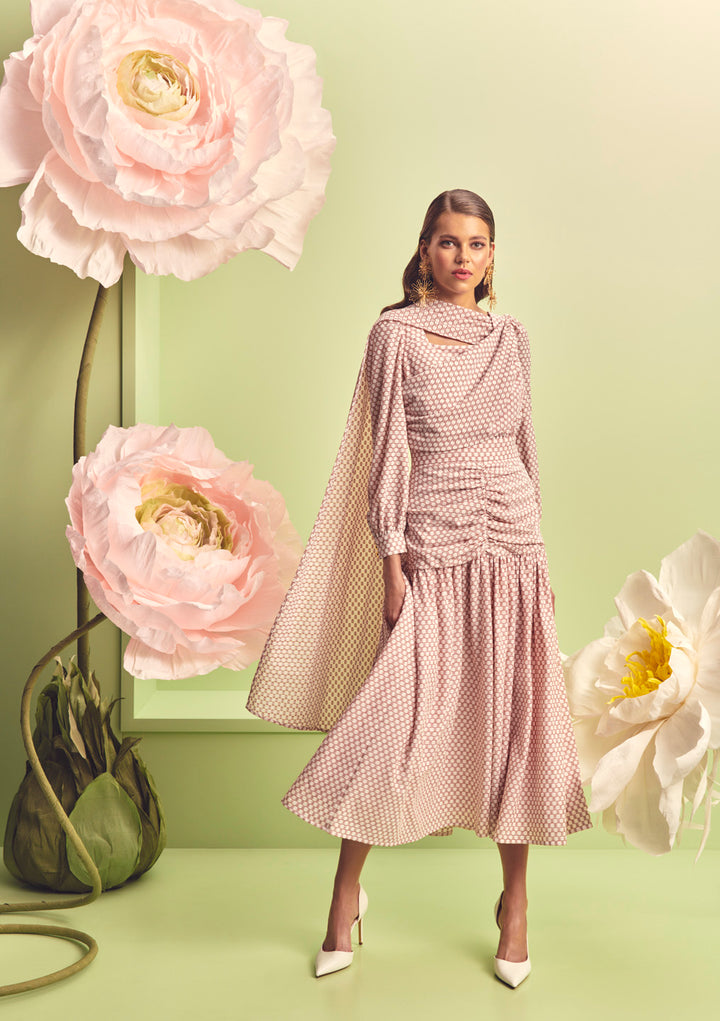 RUCHED MIDI DRESS WITH A SASH