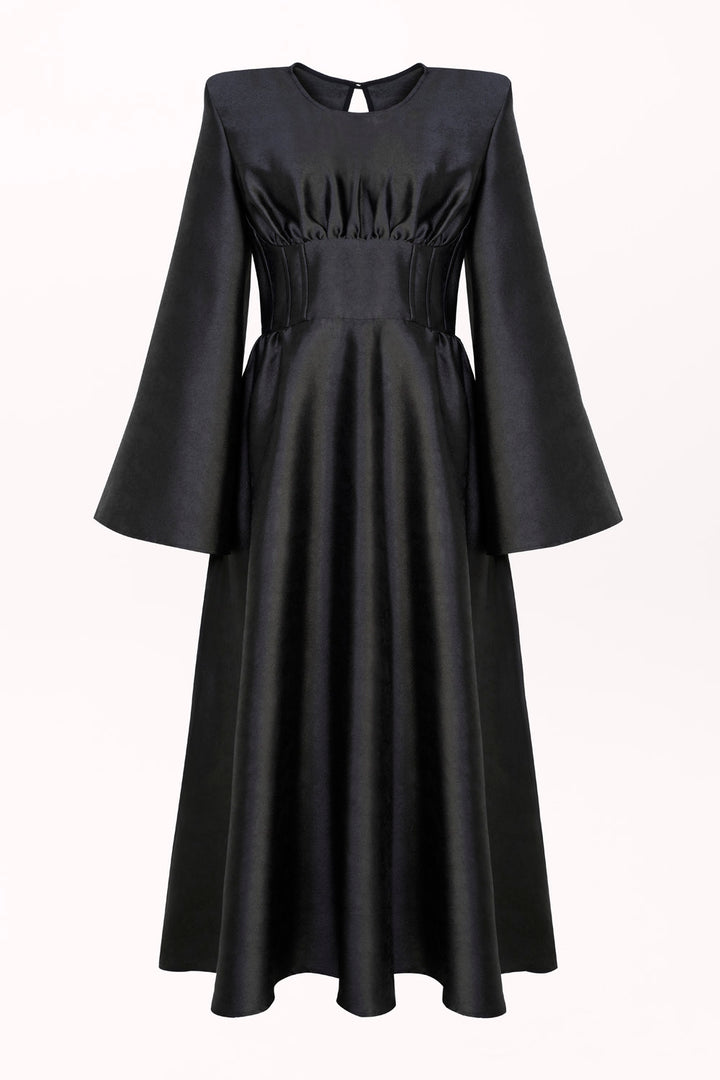 DRESS WITH A HALF-CORSET AND WIDE BELL SLEEVES