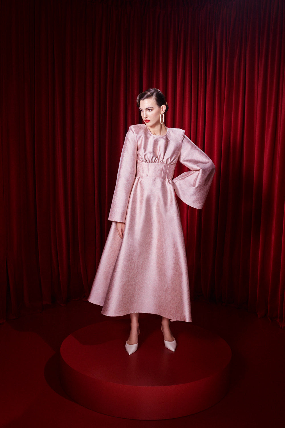 DRESS WITH A HALF-CORSET AND WIDE BELL SLEEVES