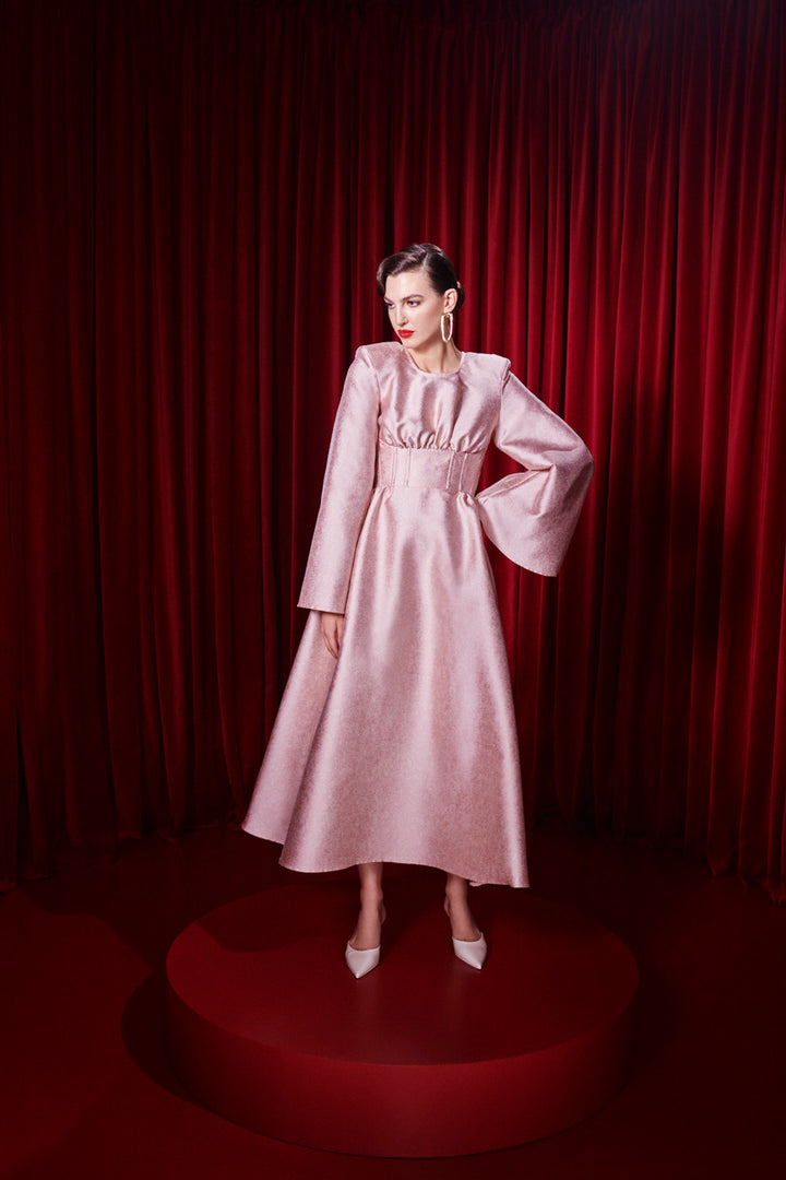DRESS WITH A HALF-CORSET AND WIDE BELL SLEEVES