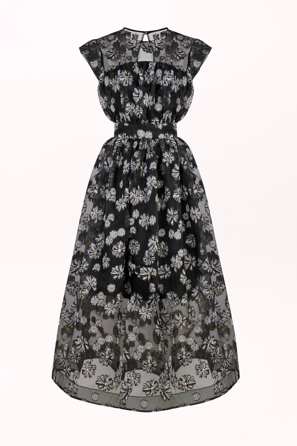 FLARED DRESS WITH SHEER EMBROIDERED FLORAL FABRIC