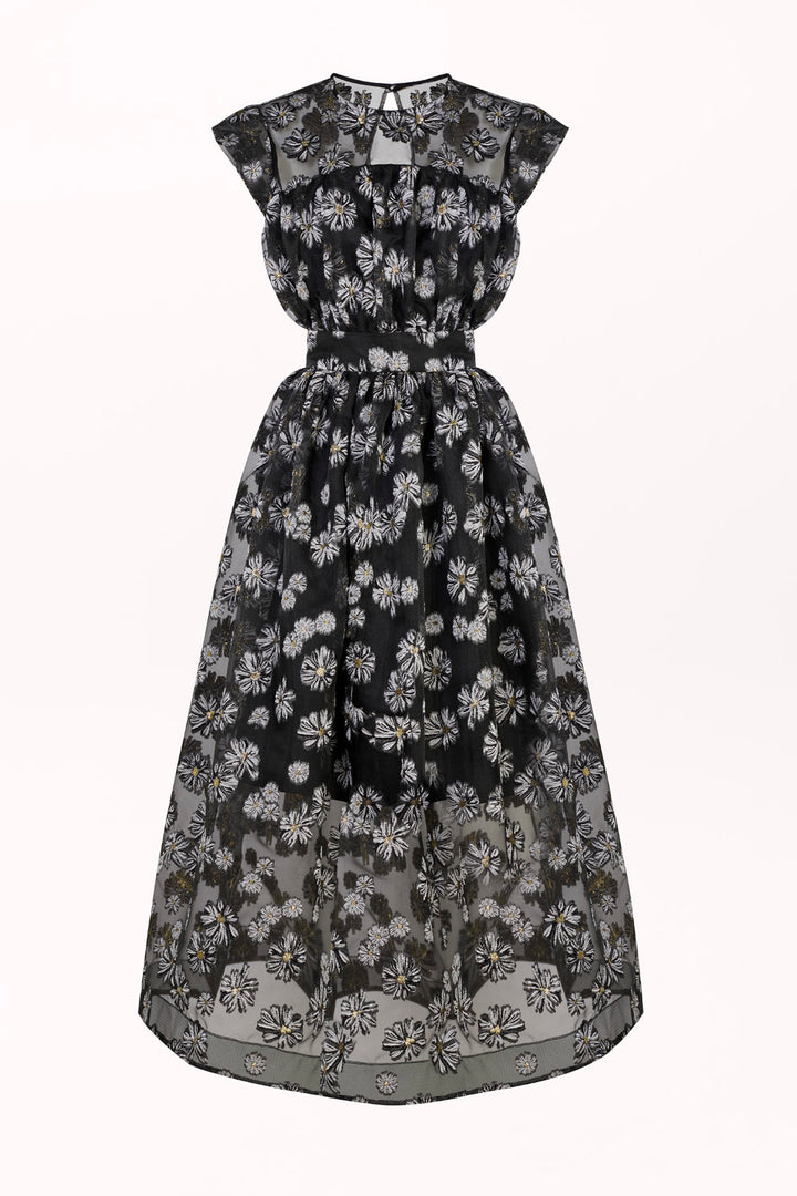 FLARED DRESS WITH SHEER EMBROIDERED FLORAL FABRIC