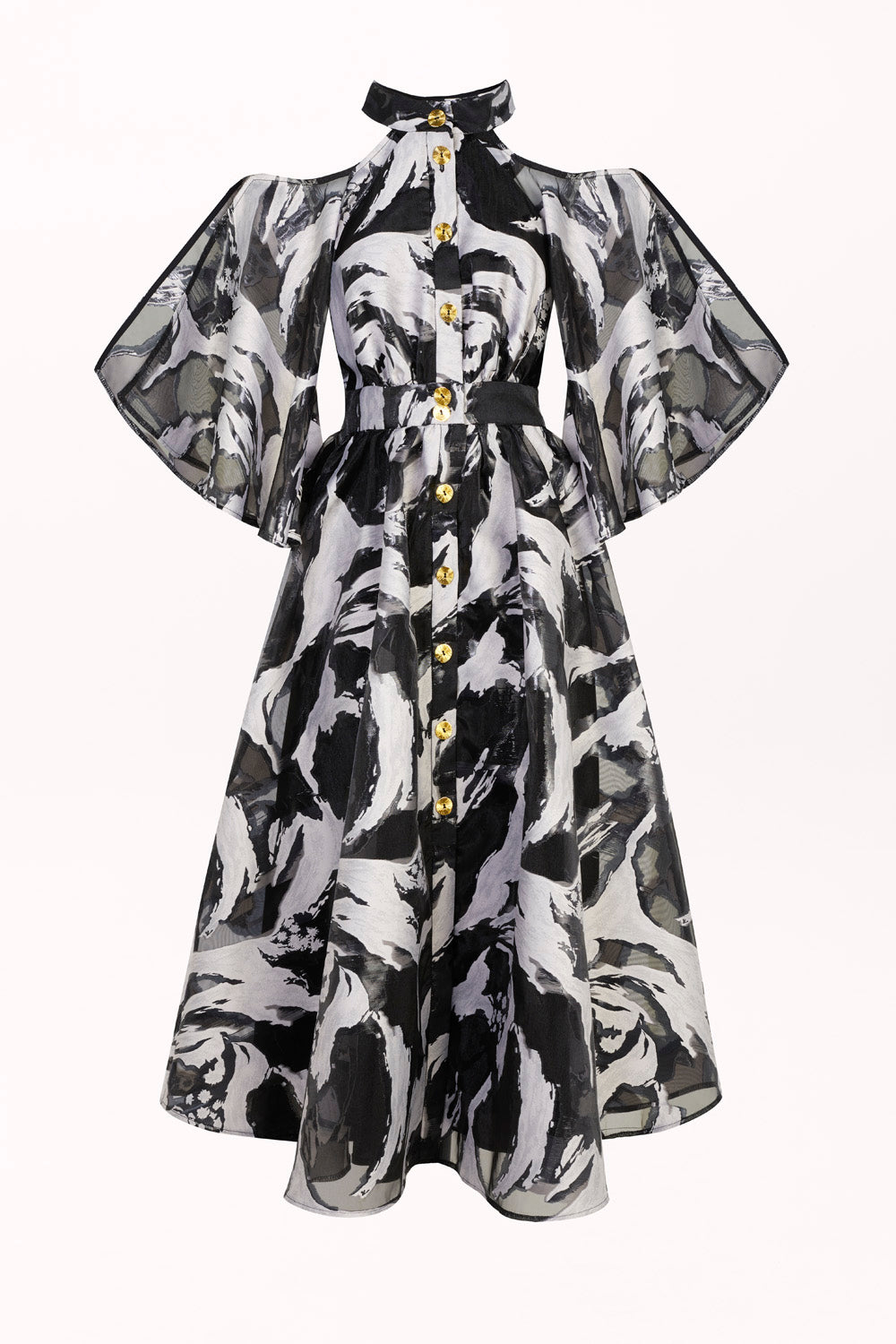 BUTTON-FRONT MIDI DRESS WITH OFF-THE-SHOULDER DESIGN
