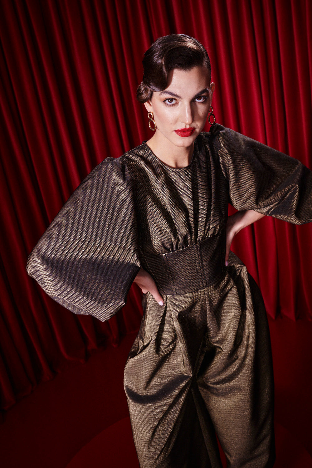 SHIMMERING JUMPSUIT WITH BONING AND WIDE LEGS
