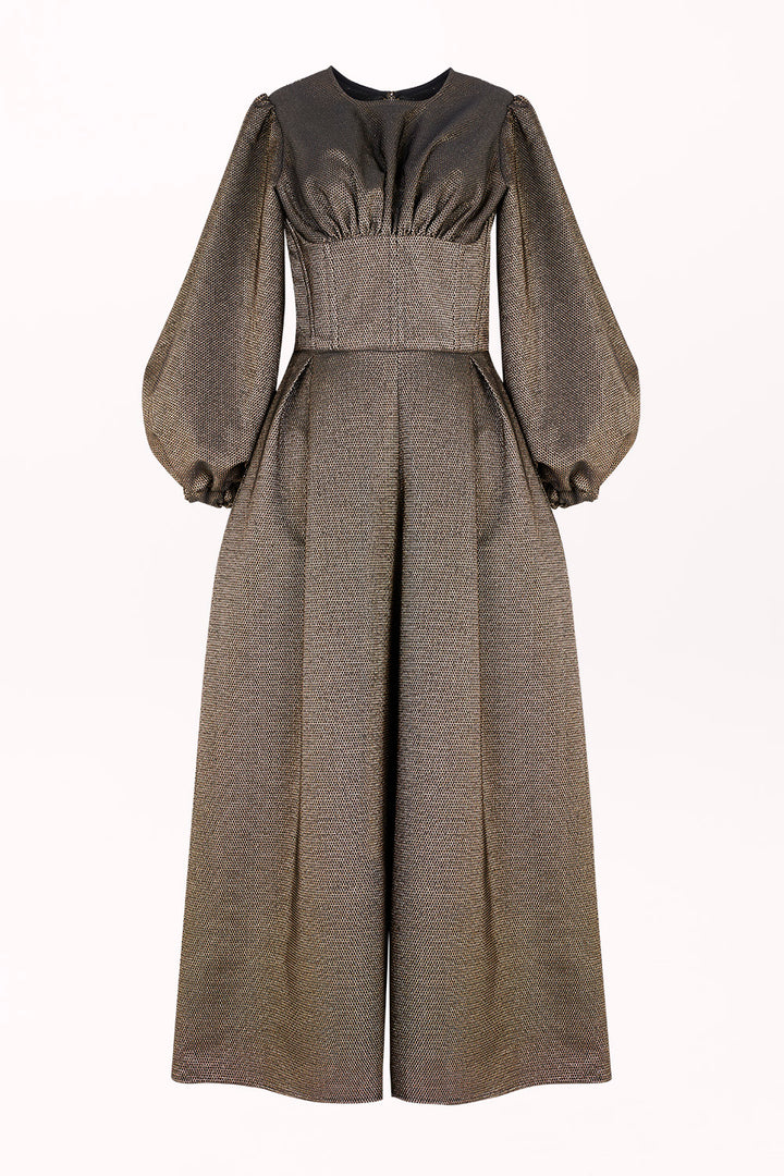 SHIMMERING JUMPSUIT WITH BONING AND WIDE LEGS