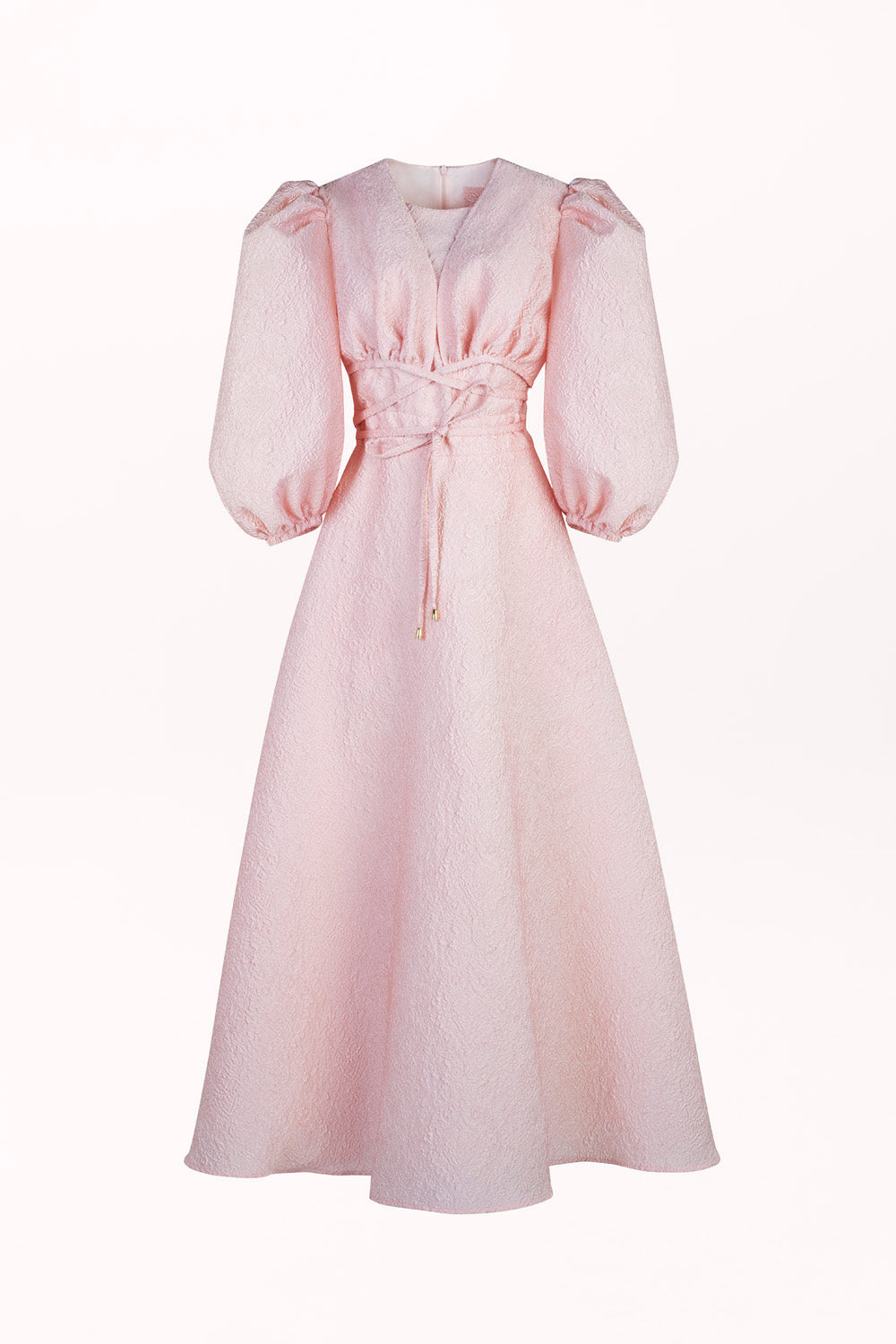 FLARED DRESS WITH PUFF SLEEVES AND WAIST TIES