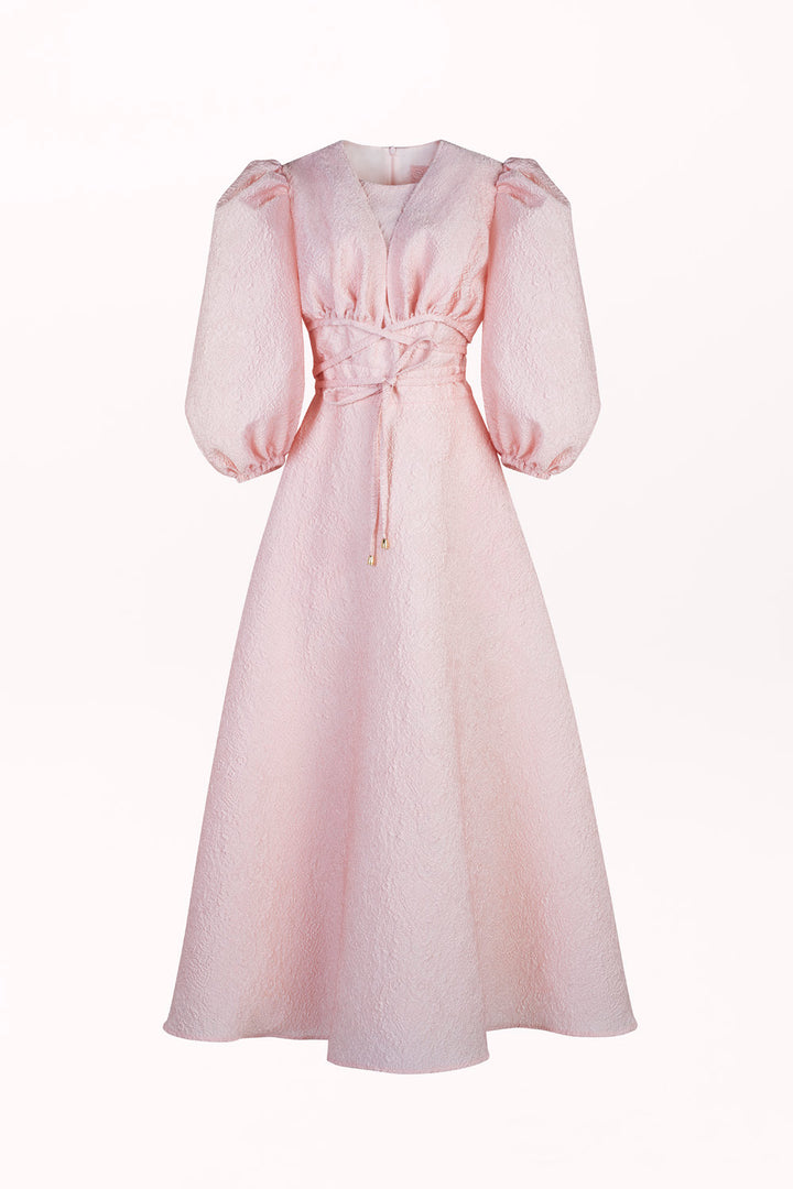 FLARED DRESS WITH PUFF SLEEVES AND WAIST TIES