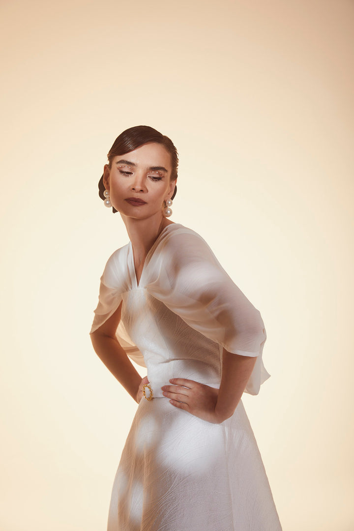 DRESS WITH A SHEER CAPE AND BELT