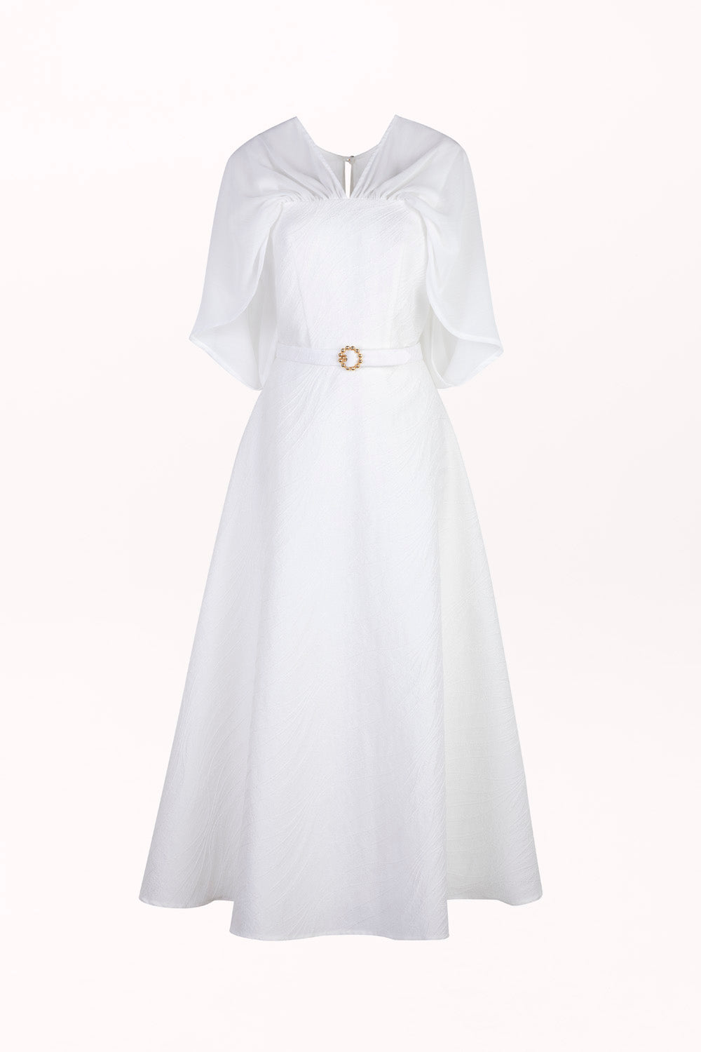 DRESS WITH A SHEER CAPE AND BELT