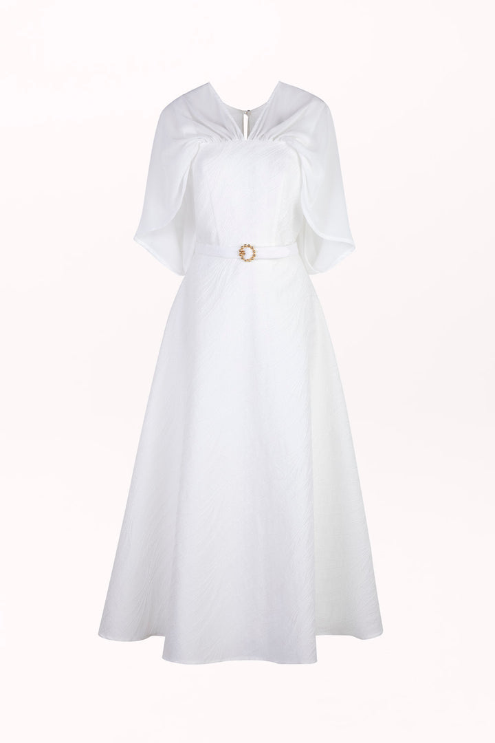 DRESS WITH A SHEER CAPE AND BELT