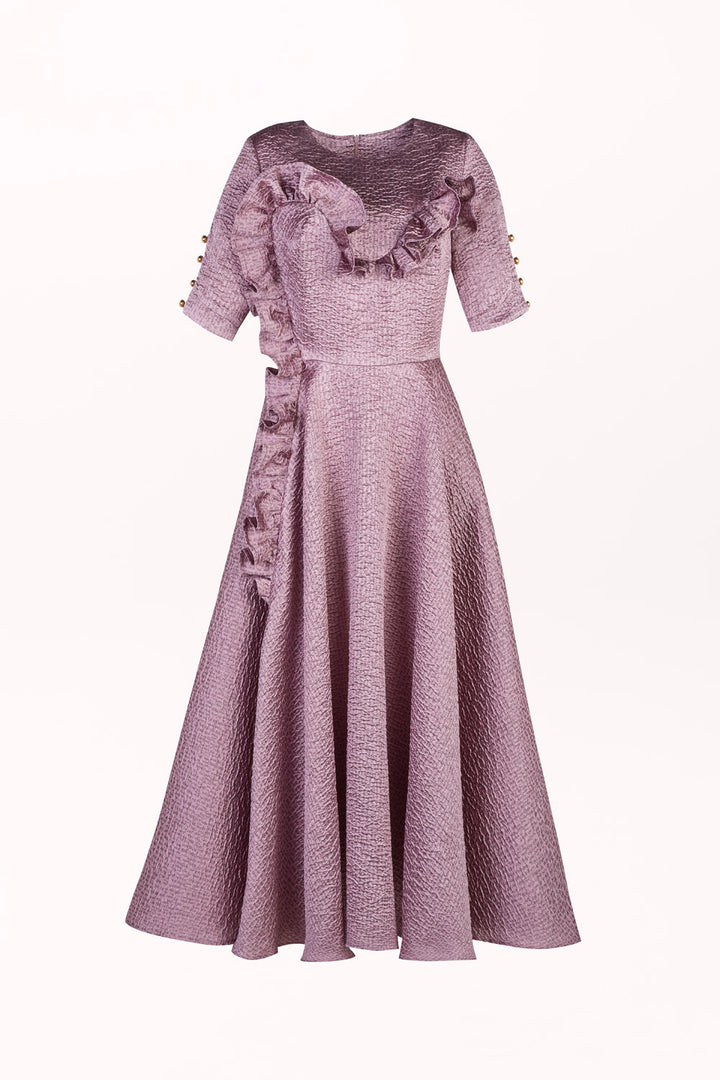 FLARED MAXI DRESS WITH DECORATIVE RUFFLE
