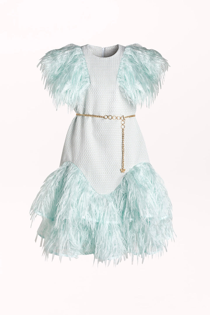 DRESS WITH FEATHER DETAILS AND A GOLD CHAIN BELT
