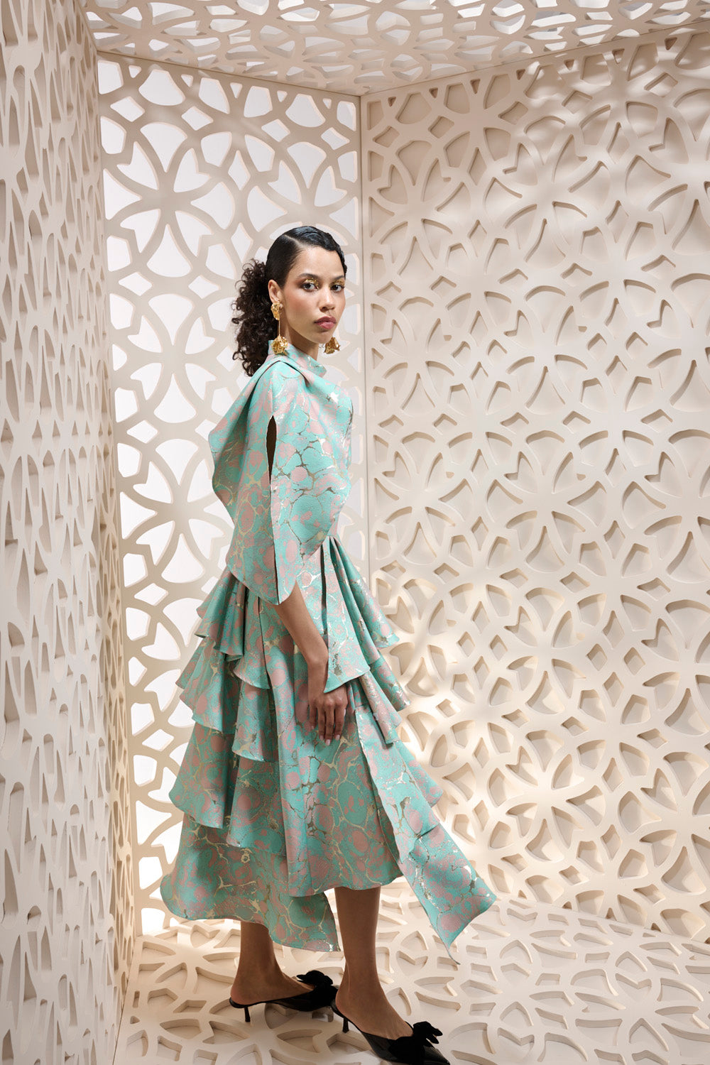 MIDI DRESS WITH CASCADING RUFFLES
