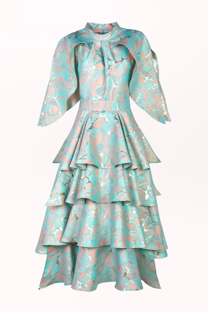 MIDI DRESS WITH CASCADING RUFFLES