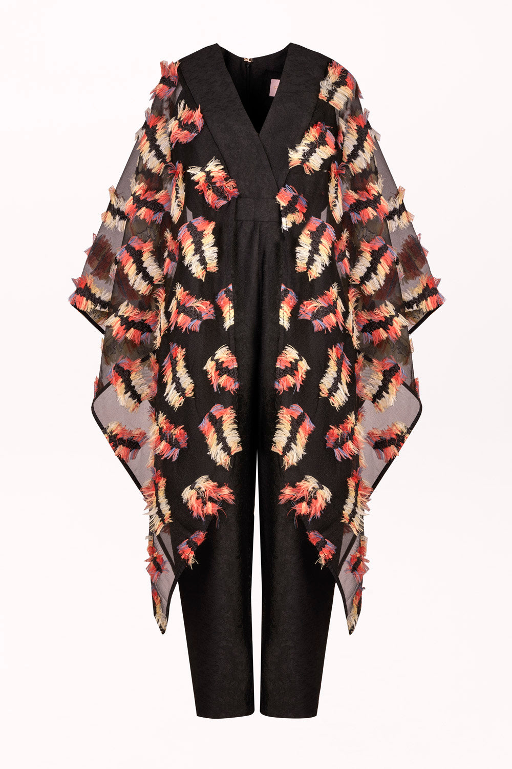 JUMPSUIT WITH WIDE TULLE SLEEVES AND MULTICOLORED FRINGE